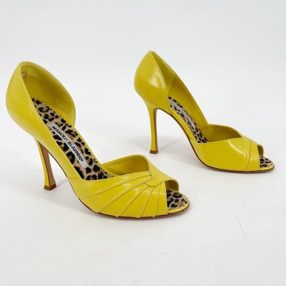 Manolo Blahnik Retro Yellow Risa Leather Peep Toe D'Orsay Heels size IT 37 - Picture 2 of 13